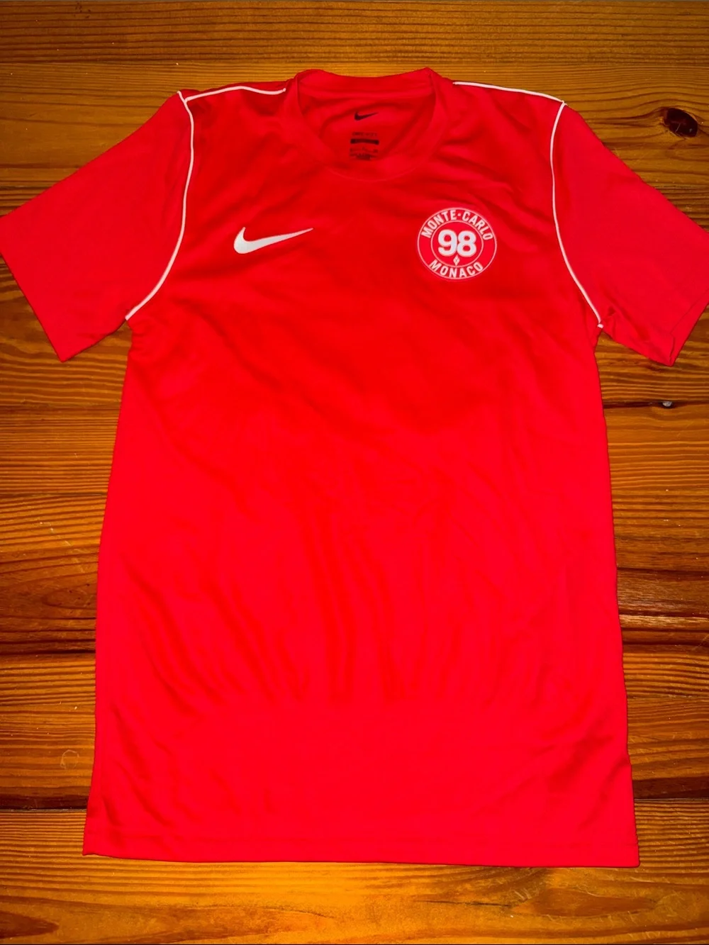 Nike Red Short Sleeve Soccer Tee with White Swoosh and Crest